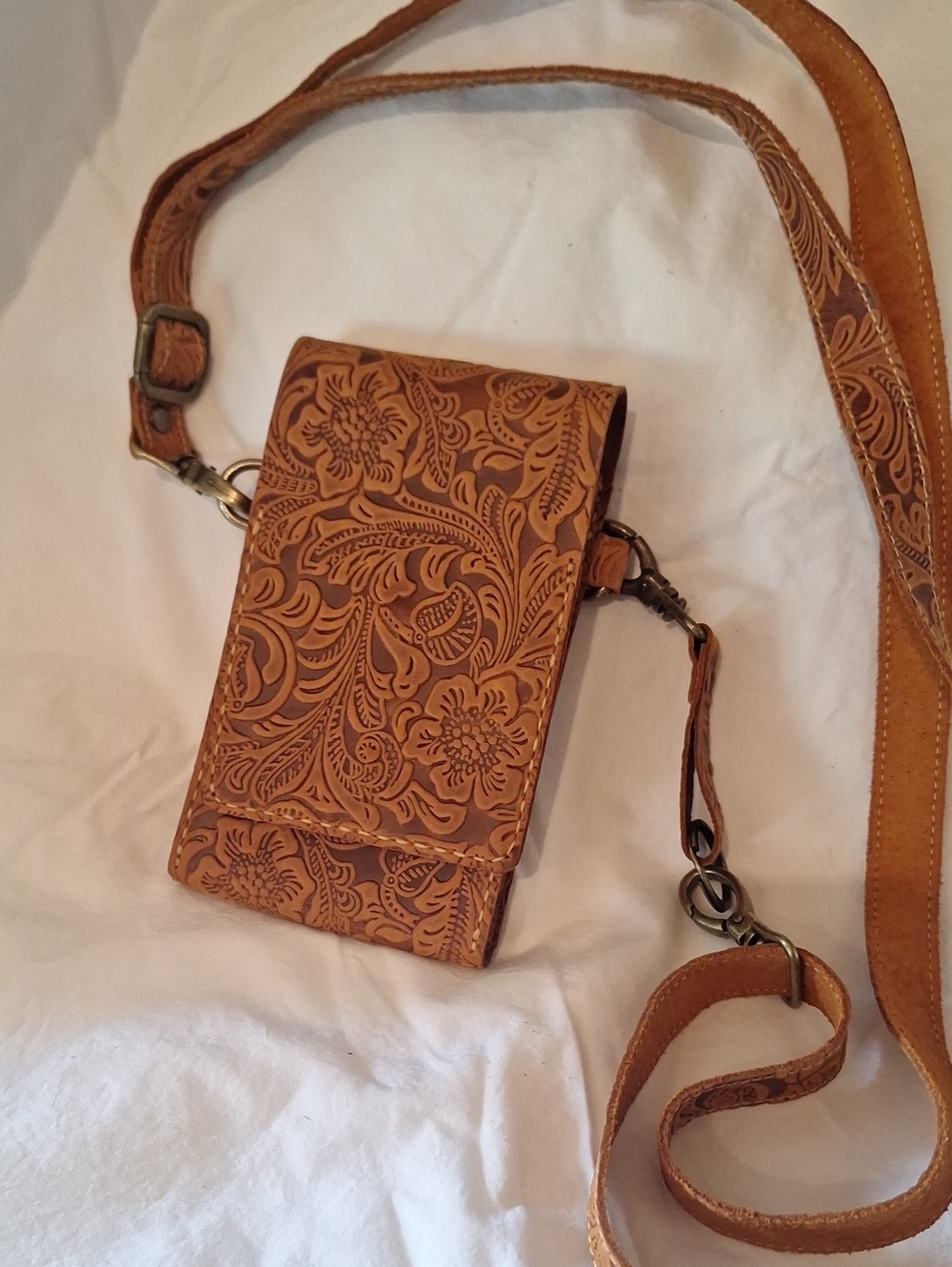 Tooled Leather Crossbody Phone Bag - Tan Floral Design